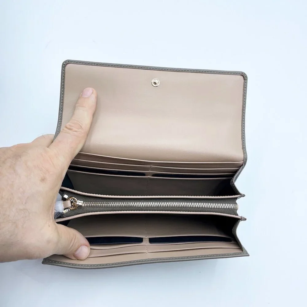 Bally Women's Gray Pebbled Miensa Leather long bifold flap wallet NWT. - Picture 3 of 14